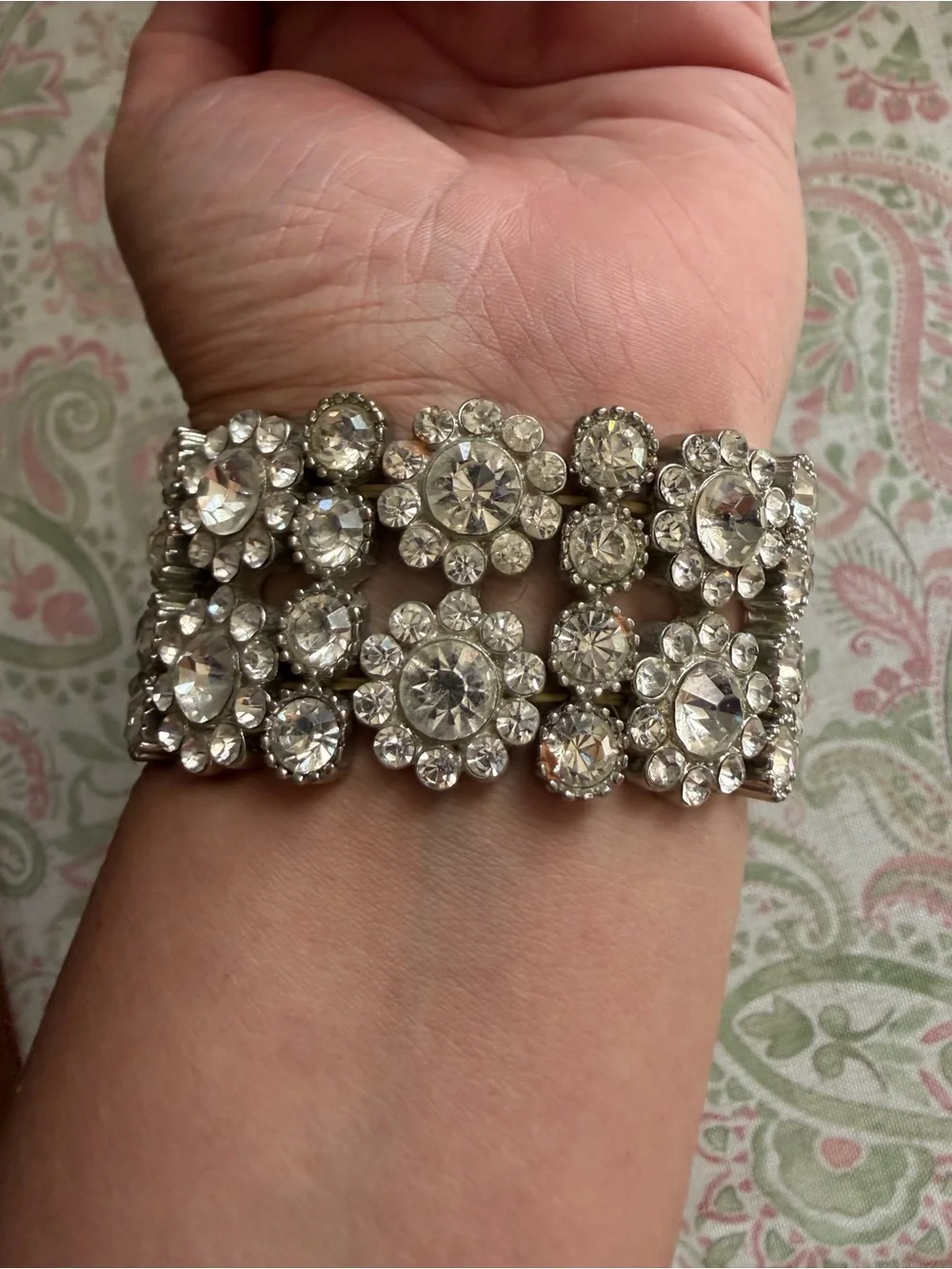 Silver-Tone Crystal Floral Stretch Statement Bracelet